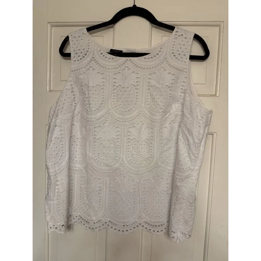 Talbots Womens Sleeveless Tank Top White Eyelet Pineapple Lined Side Zip. Sz XLp